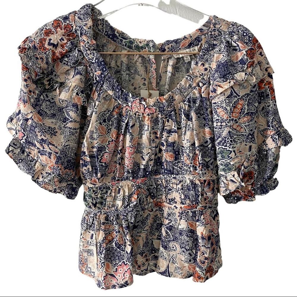 NWT Anthropologie Moon River Woven Puff Sleeve Blouse Multicolor XS